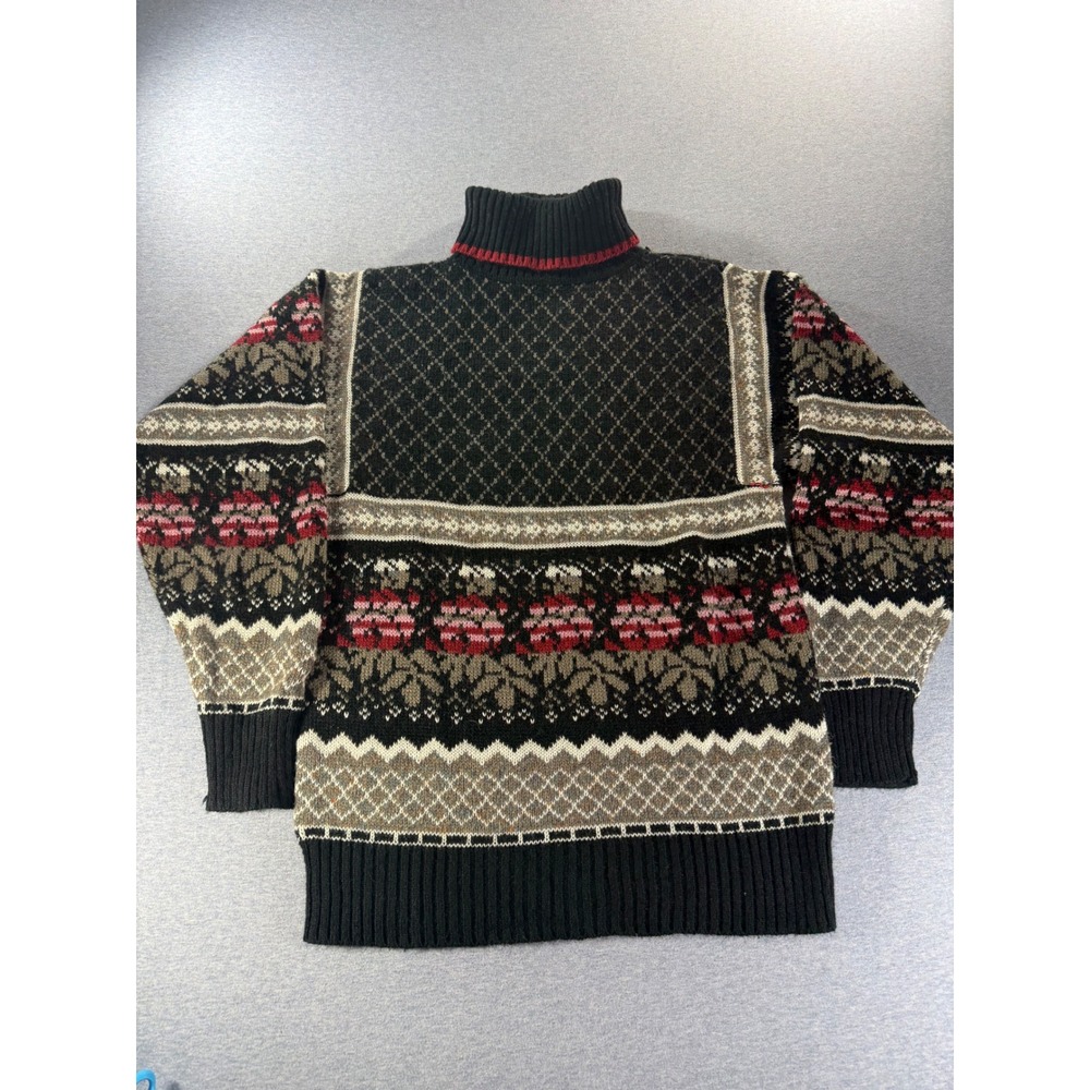 Vintage 80s Jason Maxwell Rose Floral Fair Isle Turtleneck Sweater Black Small